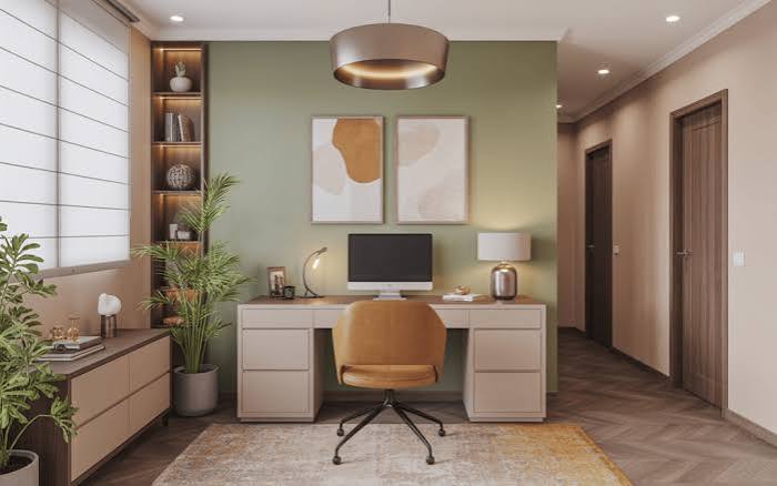 Home office fit-out with feature wall and joinery